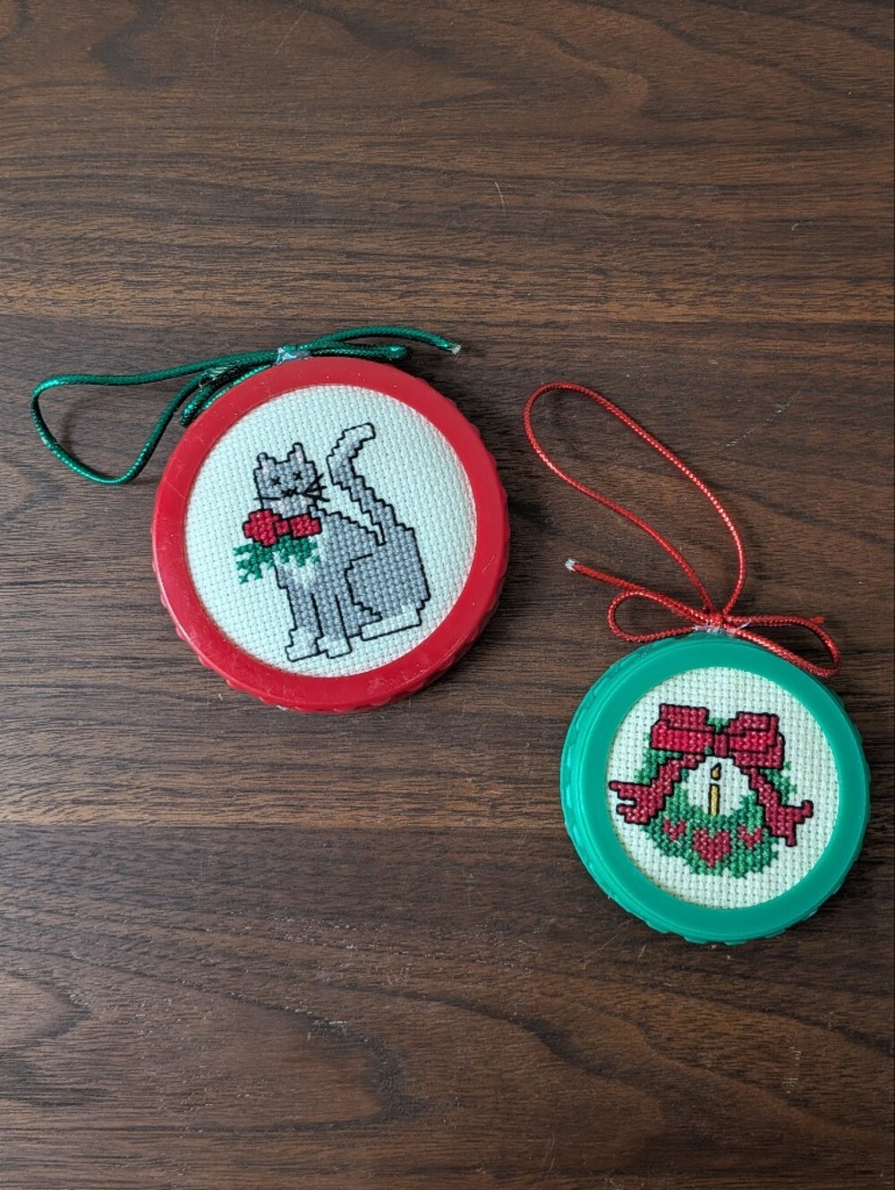 2 Vintage Handmade Cross Stitch Cat & Wreath Christmas Ornaments Round Framed